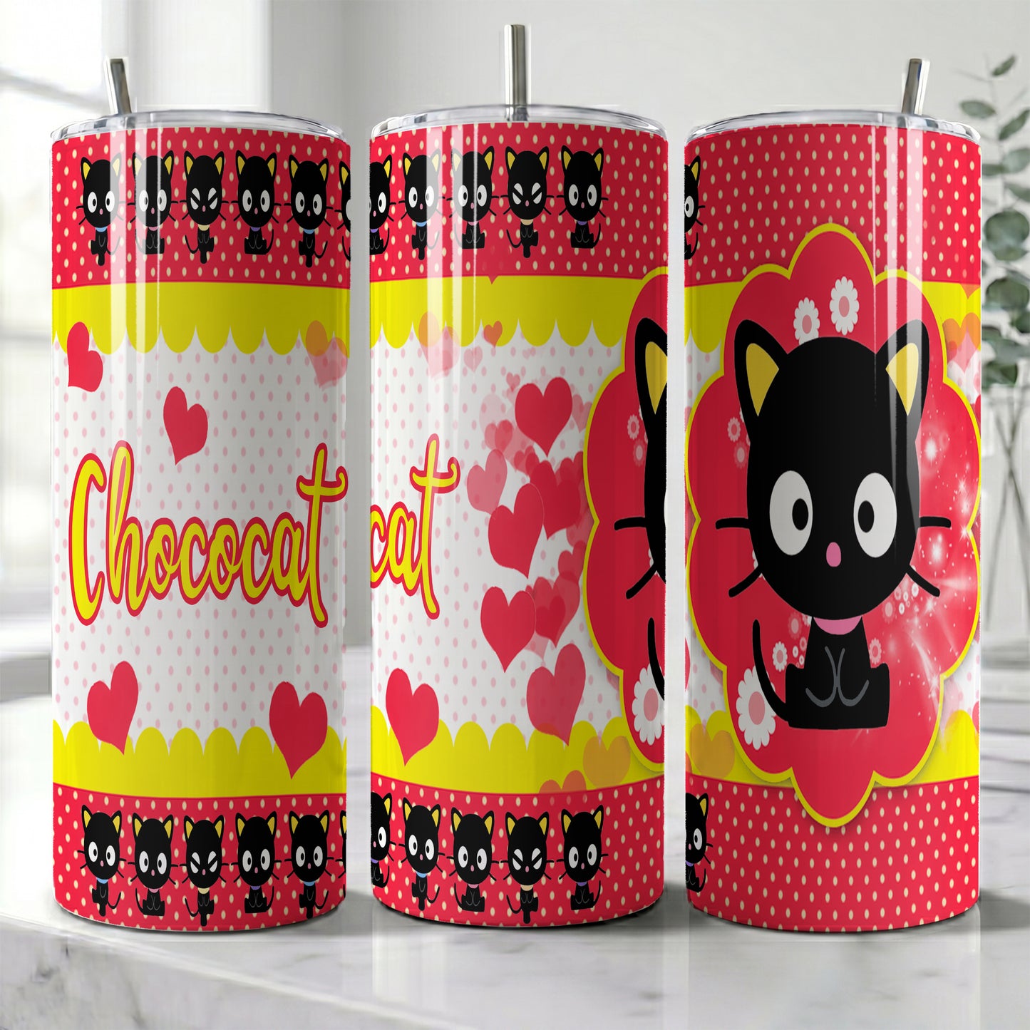 Chococat Red Hearts Skinny Tumbler - Custom Name (20oz) | Insulated Stainless Steel Travel Cup