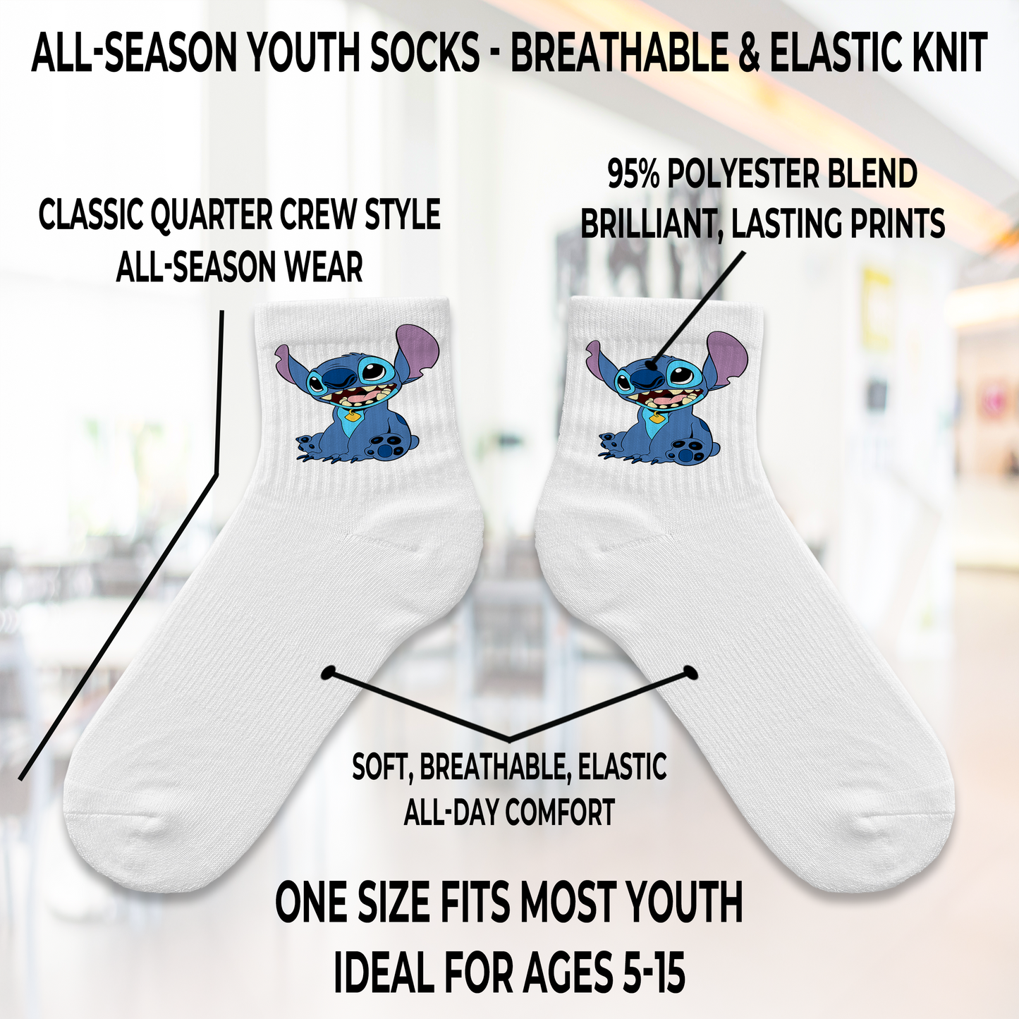 Stitch Playful Comfort Youth Socks Ages 5-15 All-Season - Custom Name | Breathable & Elastic