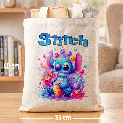Stitch Tropical Fruit Drink Personalized Linen Tote Bag - Custom Name (35x45cm) | Eco-Friendly Bubble Tea Lover Shopper