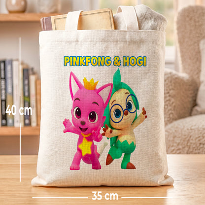 Pinkfong & Hogi Linen Tote Bag - Custom Name (35x45cm) | Eco-Friendly Lightweight Shopping & Everyday Carrier
