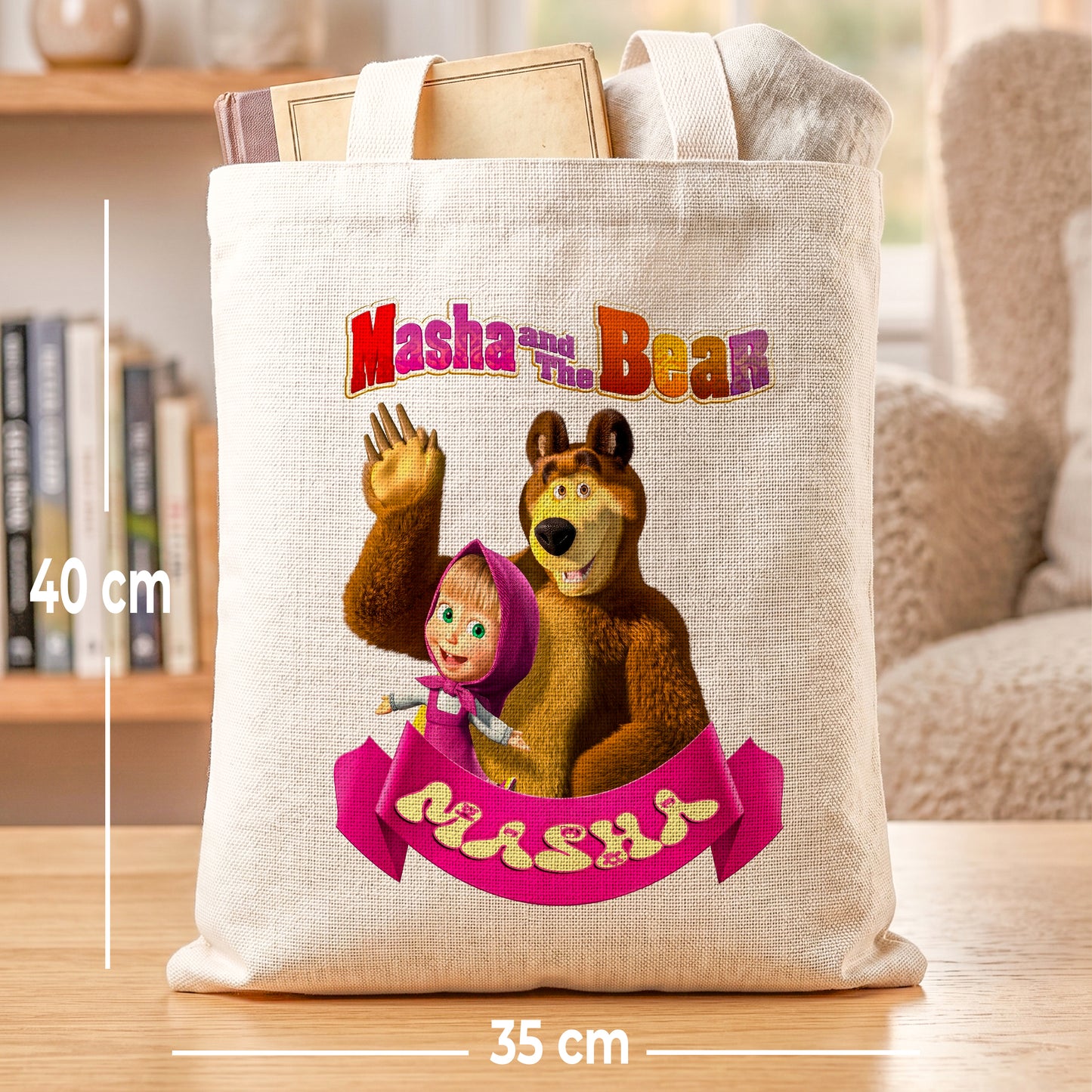 Masha and the Bear Linen Tote Bag - Custom Name (35x45cm) | Eco-Friendly Lightweight Shopping & Everyday Carrier