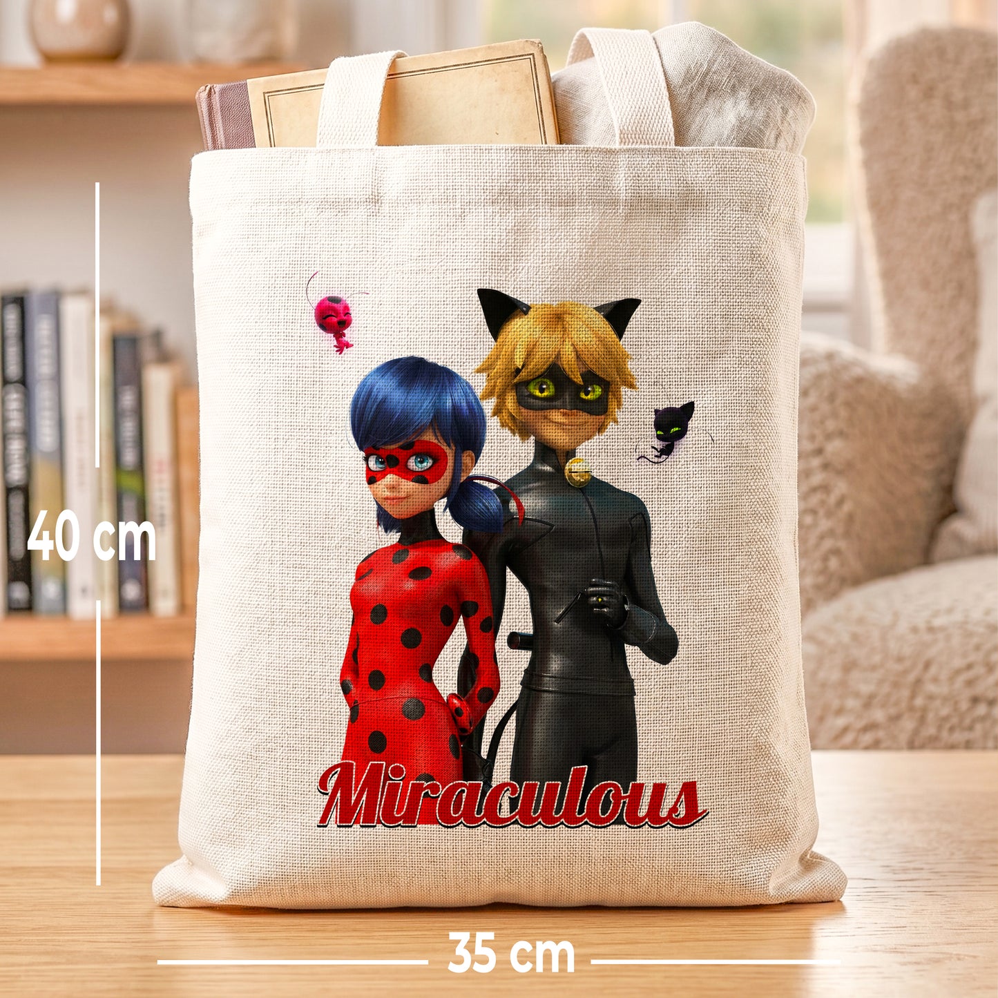 Miraculous Ladybug & Cat Noir Linen Tote Bag - Custom Name (35x45cm) | Eco-Friendly Lightweight Shopping & Everyday Carrier