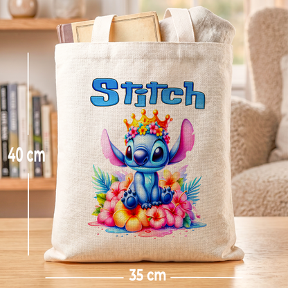Stitch with Flower Crown & Tropical Hibiscus Linen Tote Bag - Custom Name (35x45cm) | Eco-Friendly Aloha Spirit Shopper