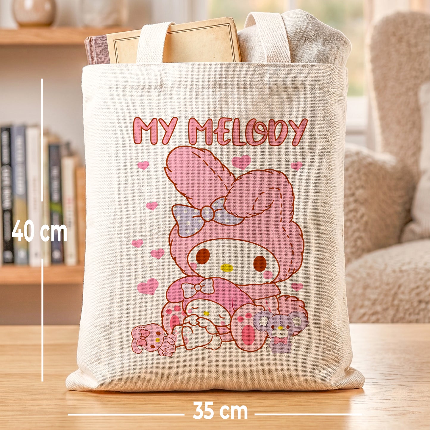 My Melody Sanrio Linen Tote Bag - Custom Name (35x45cm) | Eco-Friendly Lightweight Shopping & Everyday Carrier