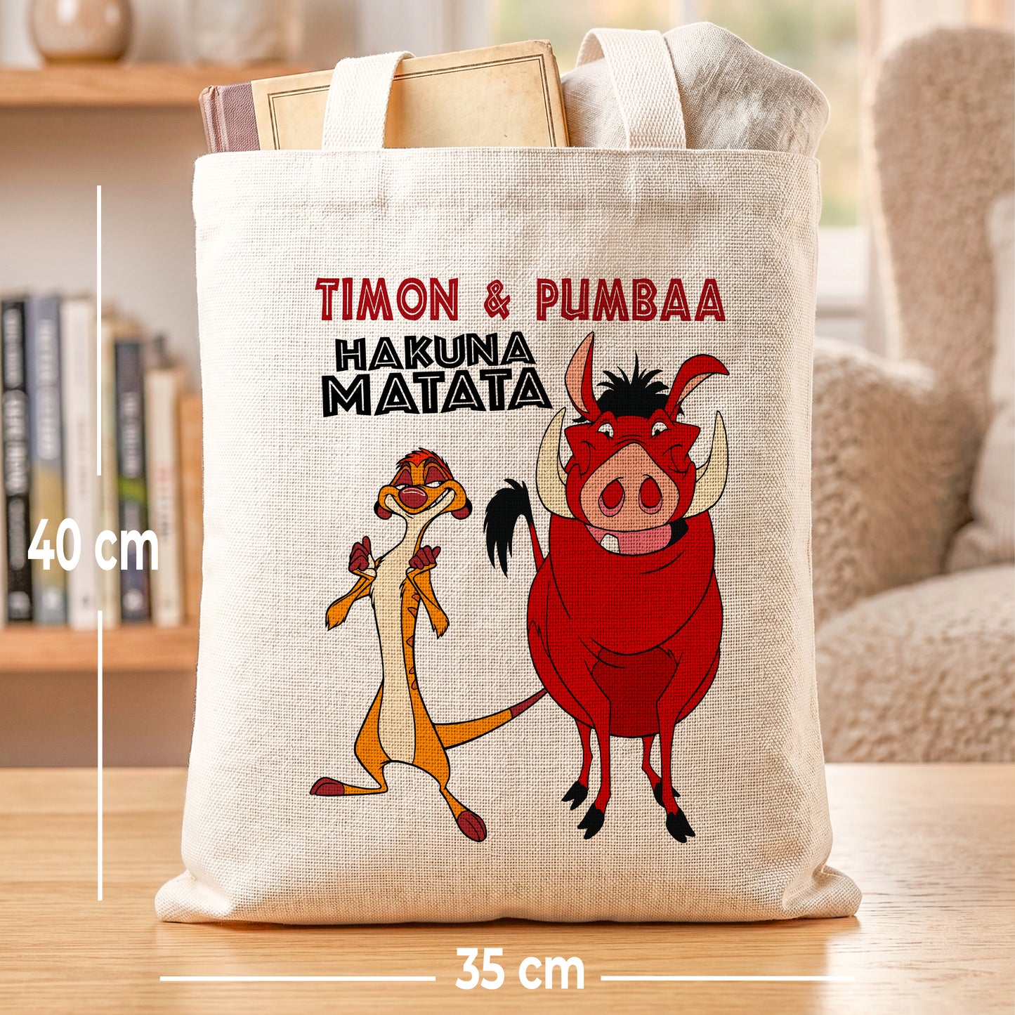 Timon & Pumbaa Hakuna Matata Linen Tote Bag - Custom Name (35x45cm) | Eco-Friendly Lightweight Shopping & Everyday Carrier