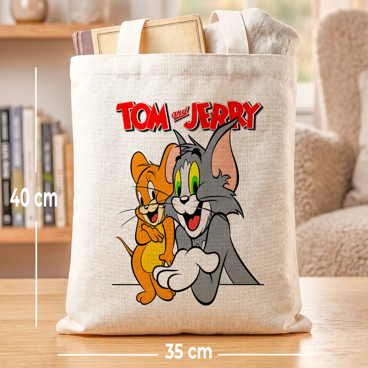 Tom & Jerry Classic Cartoon Linen Tote Bag - Custom Name (35x45cm) | Eco-Friendly Lightweight Shopping & Everyday Carrier