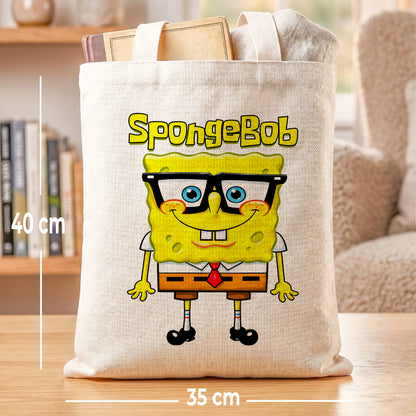 SpongeBob SquarePants Glasses Linen Tote Bag - Custom Name (35x45cm) | Eco-Friendly Lightweight Shopping & Everyday Carrier