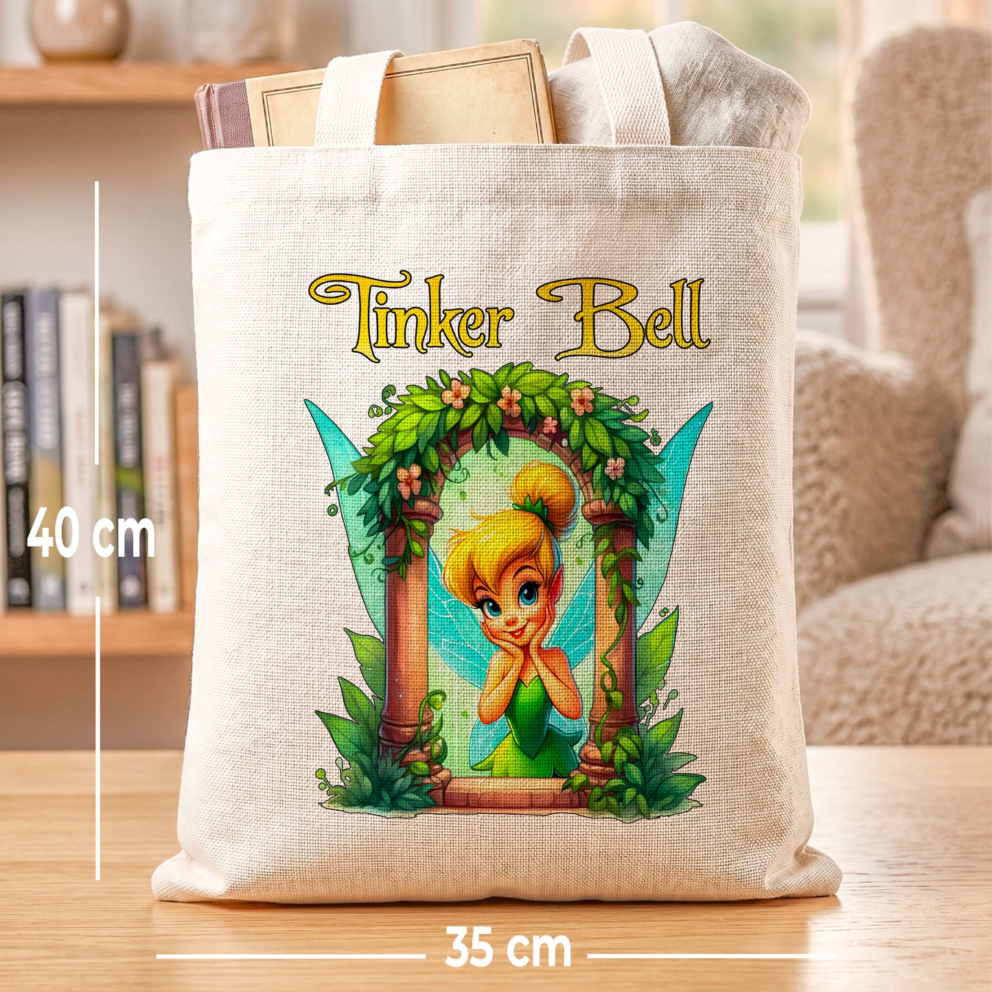 Tinker Bell Fairy Linen Tote Bag - Custom Name (35x45cm) | Eco-Friendly Lightweight Shopping & Everyday Carrier