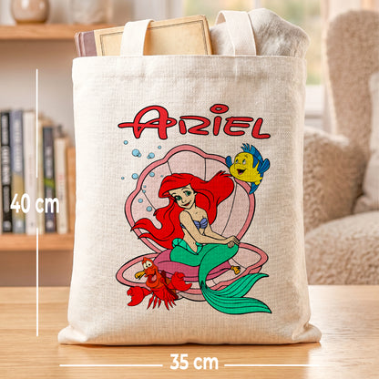Princess Ariel Linen Tote Bag - Custom Name (35x45cm) | Eco-Friendly Lightweight Shopping & Everyday Carrier