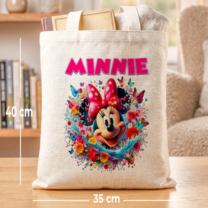 Minnie Mouse Floral Splash Linen Tote Bag - Custom Name (35x45cm) | Eco-Friendly Lightweight Shopping & Everyday Carrier