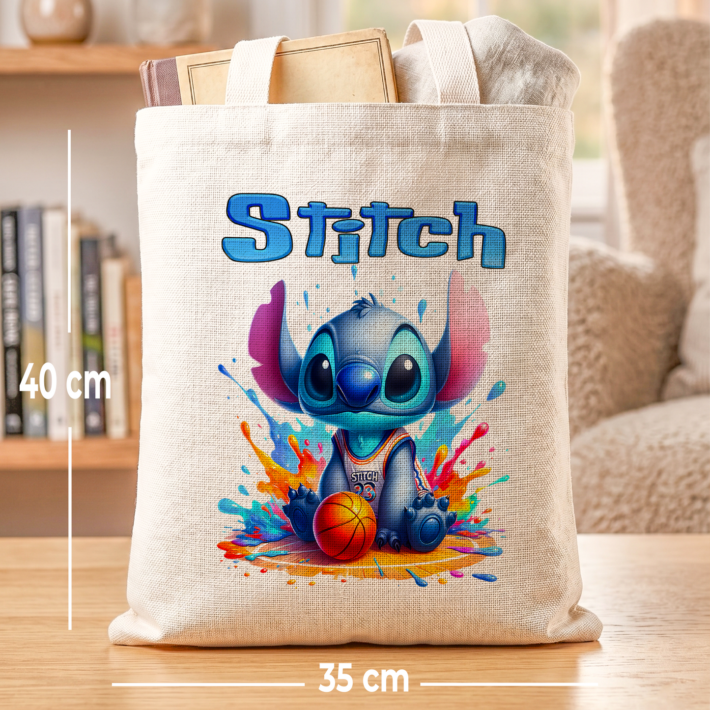 Stitch Basketball Personalized Linen Tote Bag - Custom Name (35x45cm) | Eco-Friendly Sports Fan Shopper & Everyday Carrier