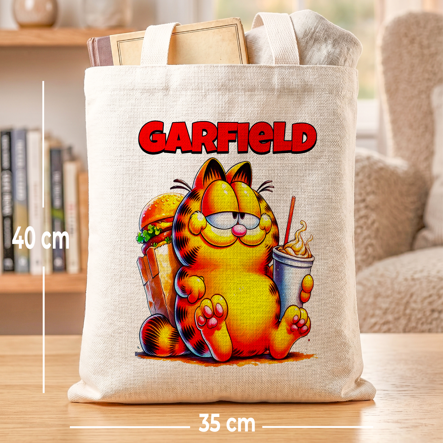 Garfield Comic Cat Linen Tote Bag - Custom Name (35x45cm) | Eco-Friendly Lightweight Shopping & Everyday Carrier