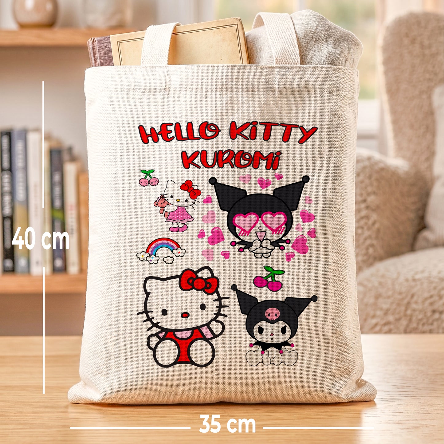 Hello Kitty & Kuromi Linen Tote Bag - Custom Name (35x45cm) | Eco-Friendly Lightweight Shopping & Everyday Carrier