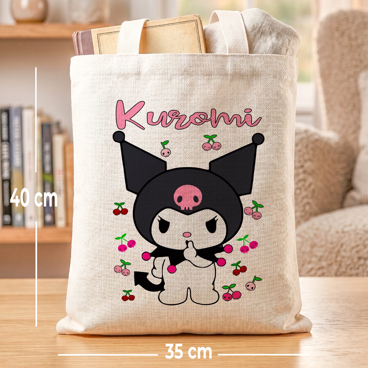 Kuromi Sanrio Linen Tote Bag - Custom Name (35x45cm) | Eco-Friendly Lightweight Shopping & Everyday Carrier