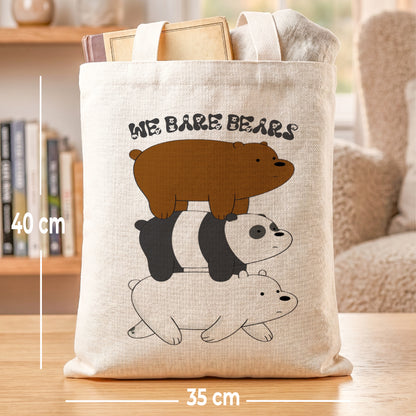 We Bare Bears Stack Linen Tote Bag - Custom Name (35x45cm) | Eco-Friendly Lightweight Shopping & Everyday Carrier