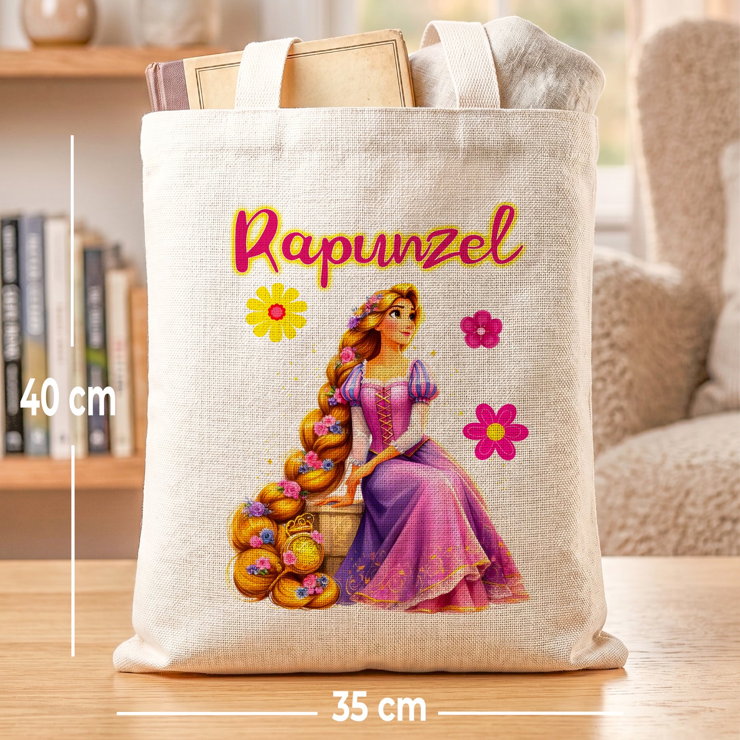 Princess Rapunzel Linen Tote Bag - Custom Name (35x45cm) | Eco-Friendly Lightweight Shopping & Everyday Carrier