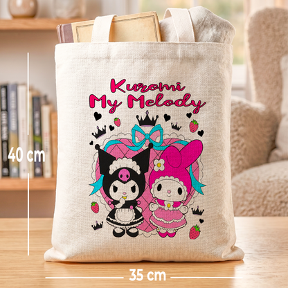 Kuromi & My Melody Linen Tote Bag - Custom Name (35x45cm) | Eco-Friendly Lightweight Shopping & Everyday Carrier