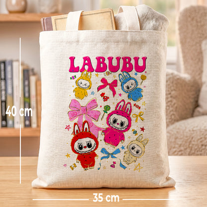 Labubu Pink Bows Linen Tote Bag - Custom Name (35x45cm) | Eco-Friendly Lightweight Shopping & Everyday Carrier