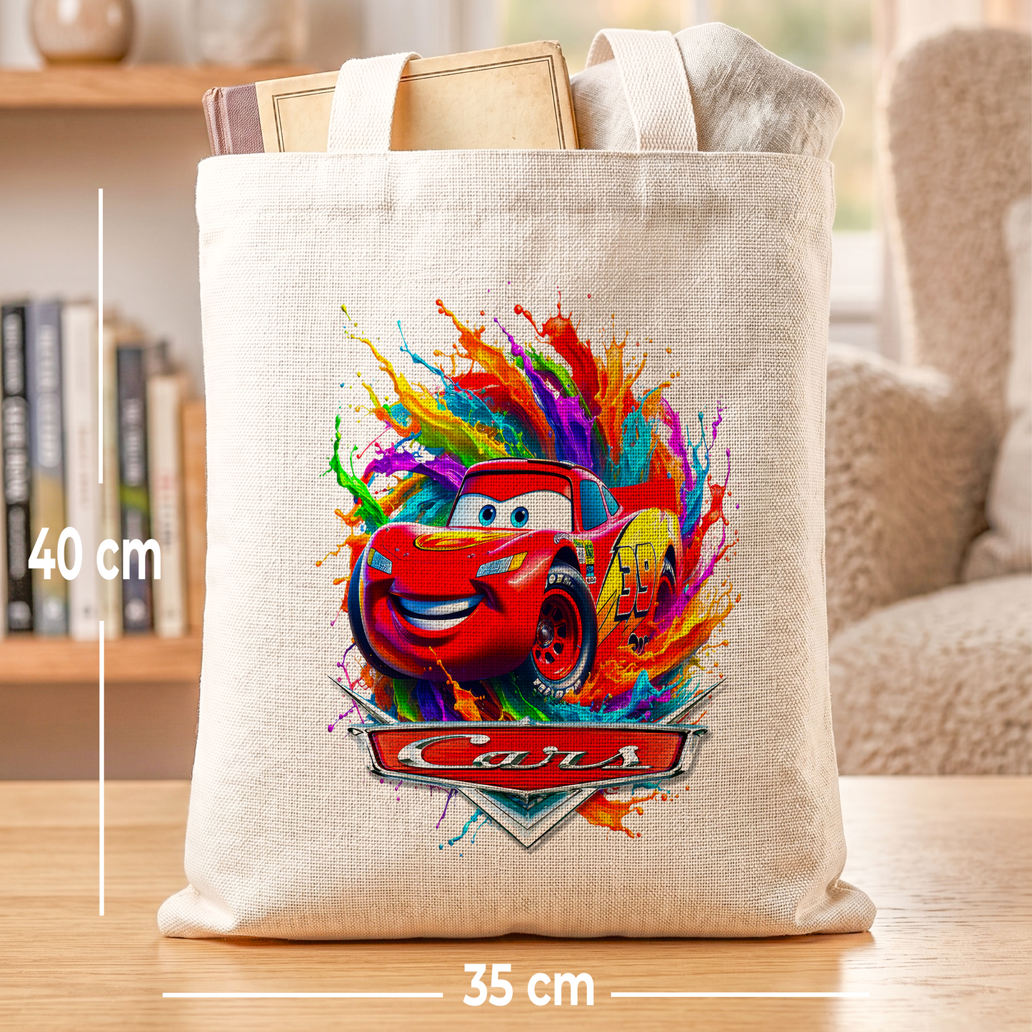 Cars Lightning McQueen Linen Tote Bag - Custom Name (35x45cm) | Eco-Friendly Lightweight Shopping & Everyday Carrier