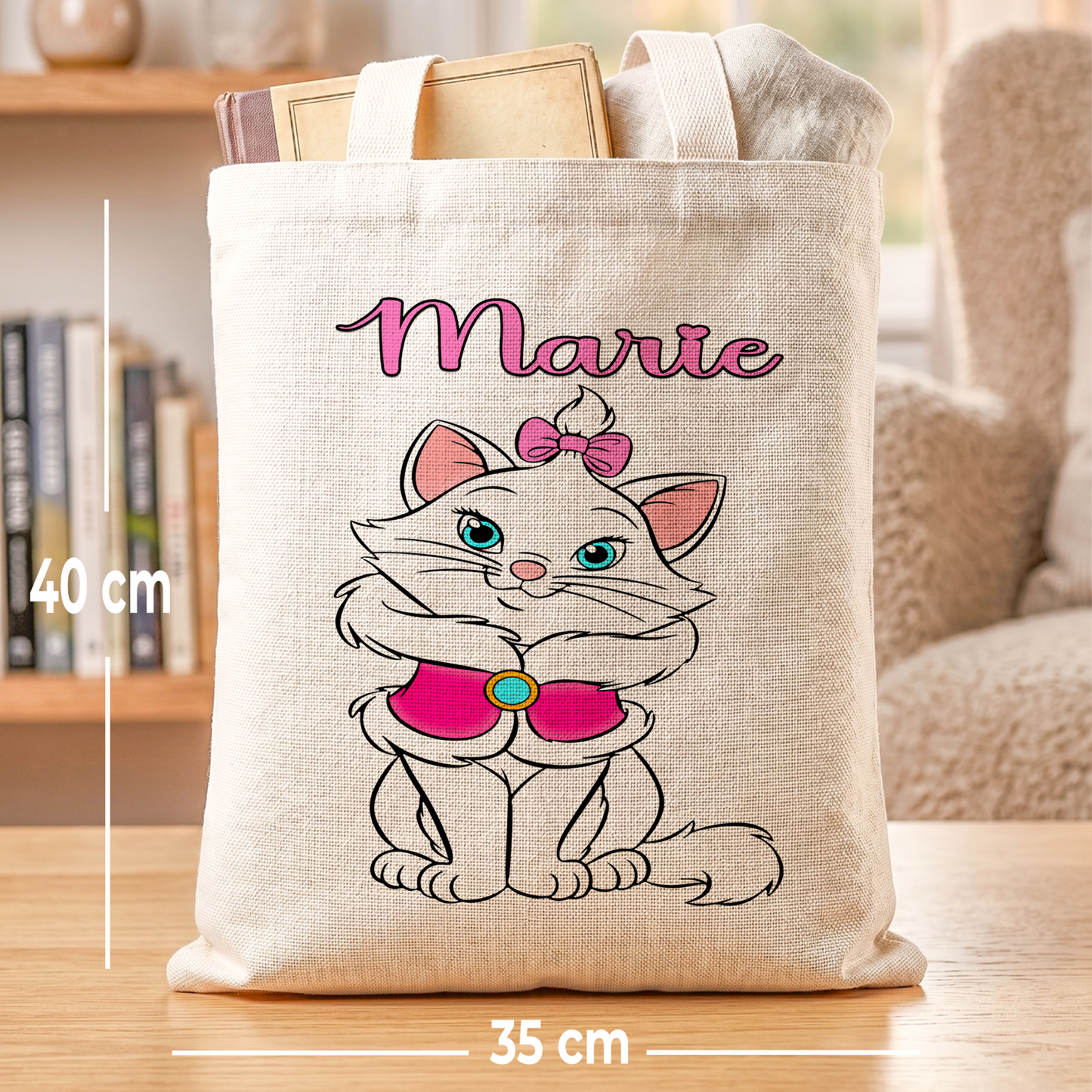 Marie Cat Linen Tote Bag - Custom Name (35x45cm) | Eco-Friendly Lightweight Shopping & Everyday Carrier