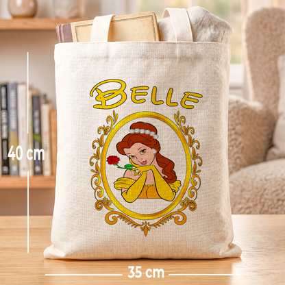 Princess Belle Linen Tote Bag - Custom Name (35x45cm) | Eco-Friendly Lightweight Shopping & Everyday Carrier