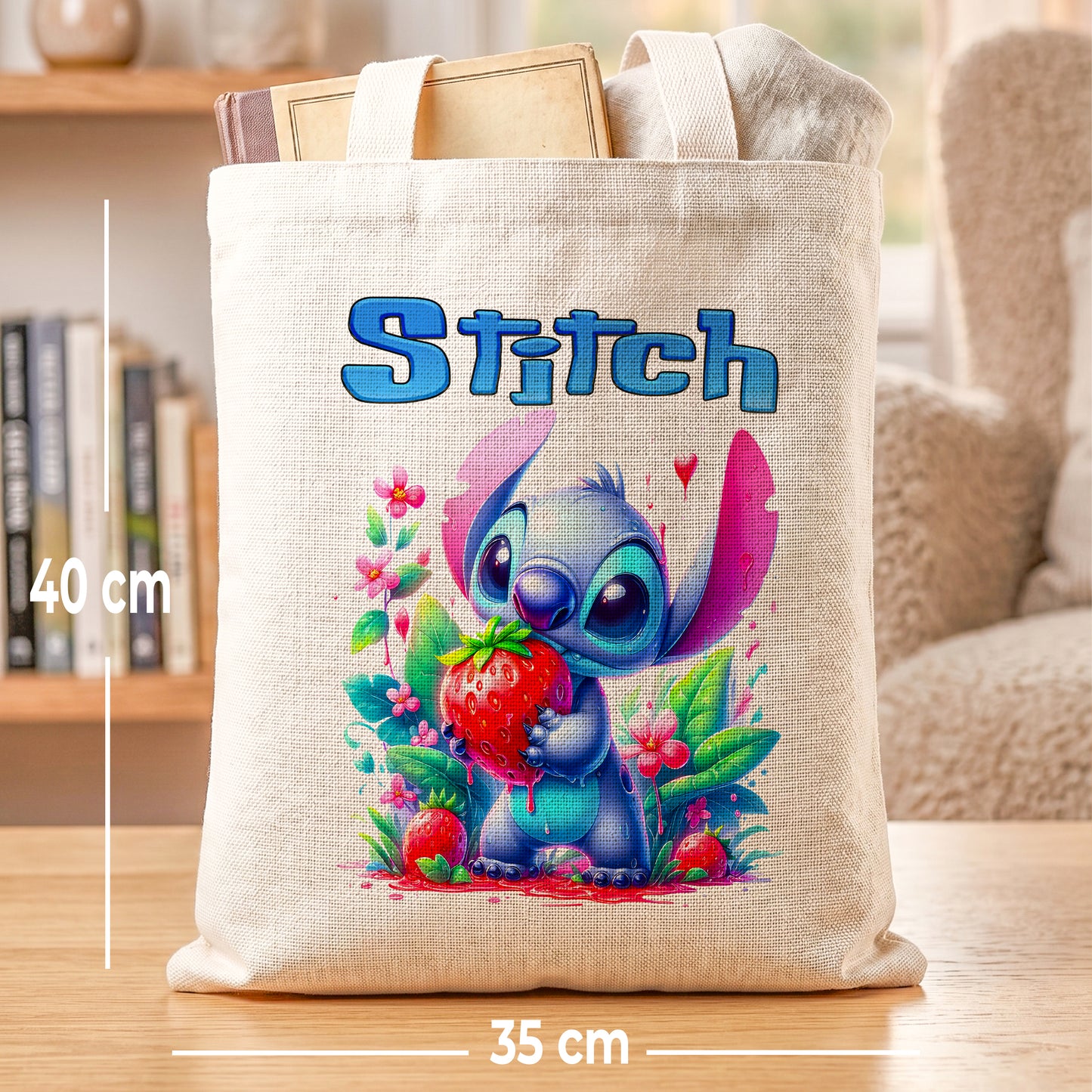 Stitch Eating Strawberry Personalized Linen Tote Bag - Custom Name (35x45cm) | Eco-Friendly Sweet Treats Shopper