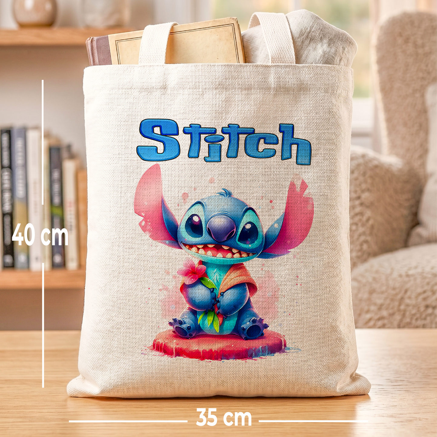 Stitch with Watercolor Flower Personalized Linen Tote Bag - Custom Name (35x45cm) | Eco-Friendly Botanical Shopper & Gift