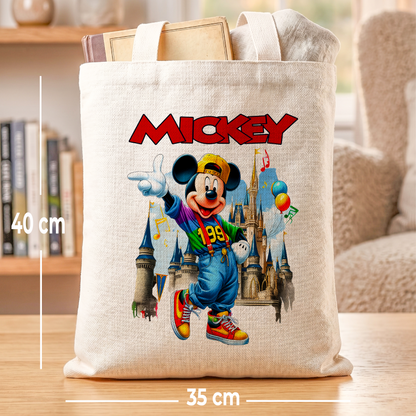 Retro Mickey Mouse Linen Tote Bag - Custom Name (35x45cm) | Eco-Friendly Lightweight Shopping & Everyday Carrier