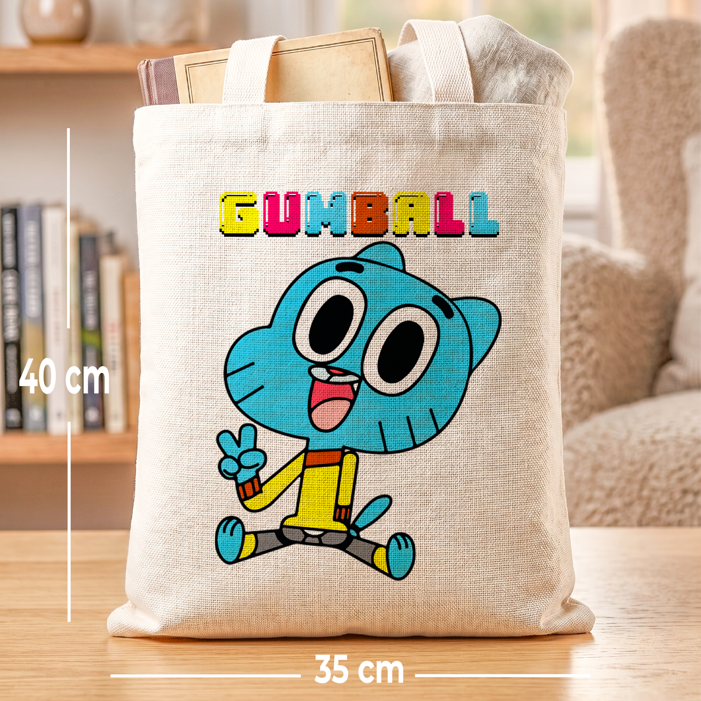 Gumball Blue Cat Linen Tote Bag - Custom Name (35x45cm) | Eco-Friendly Lightweight Shopping & Everyday Carrier