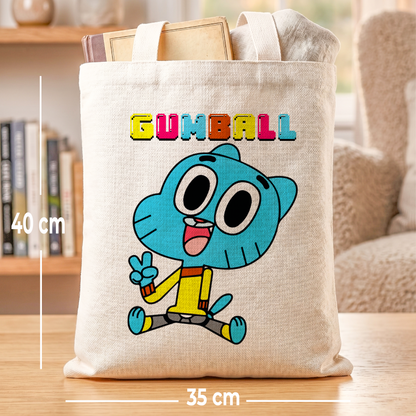 Gumball Blue Cat Linen Tote Bag - Custom Name (35x45cm) | Eco-Friendly Lightweight Shopping & Everyday Carrier