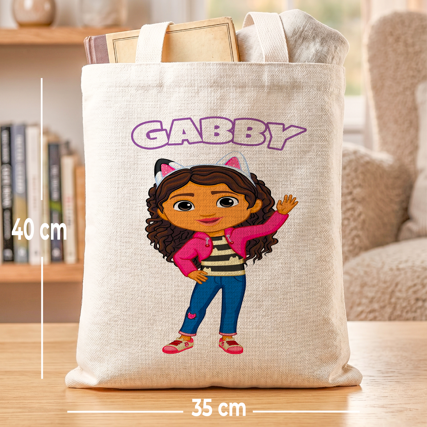 Gabby's Dollhouse Linen Tote Bag - Custom Name (35x45cm) | Eco-Friendly Lightweight Shopping & Everyday Carrier