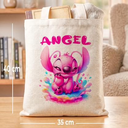 Angel Pink Alien Linen Tote Bag - Custom Name (35x45cm) | Eco-Friendly Lightweight Shopping & Everyday Carrier