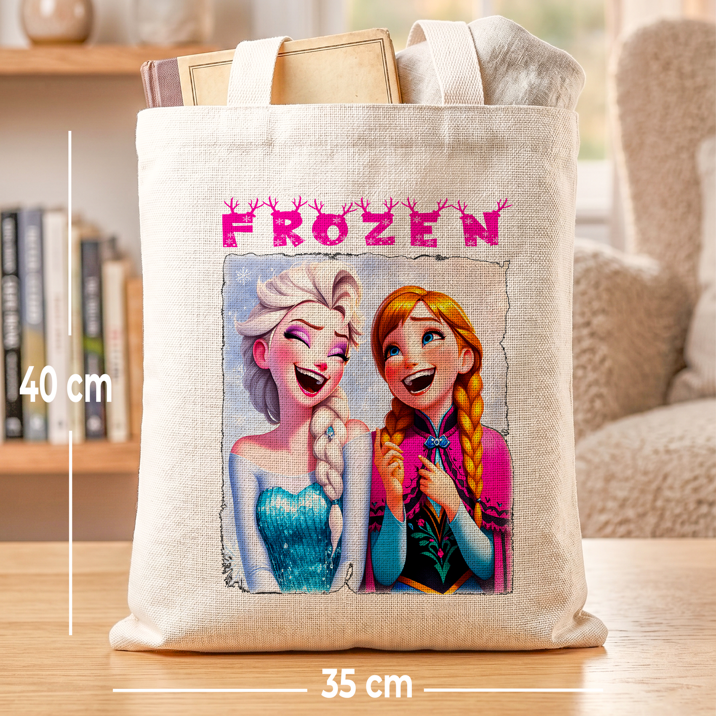 Frozen Elsa & Anna Linen Tote Bag - Custom Name (35x45cm) | Eco-Friendly Lightweight Shopping & Everyday Carrier
