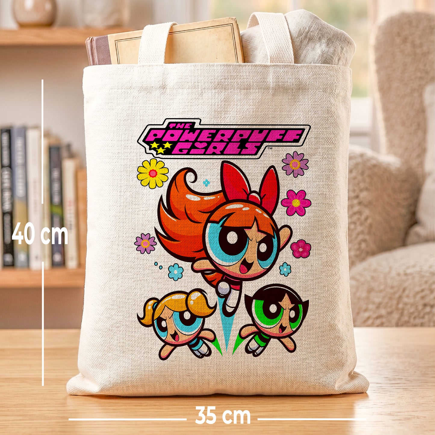 The Powerpuff Girls Linen Tote Bag - Custom Name (35x45cm) | Eco-Friendly Lightweight Shopping & Everyday Carrier