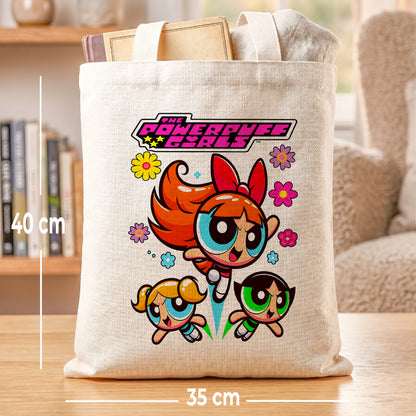 The Powerpuff Girls Linen Tote Bag - Custom Name (35x45cm) | Eco-Friendly Lightweight Shopping & Everyday Carrier