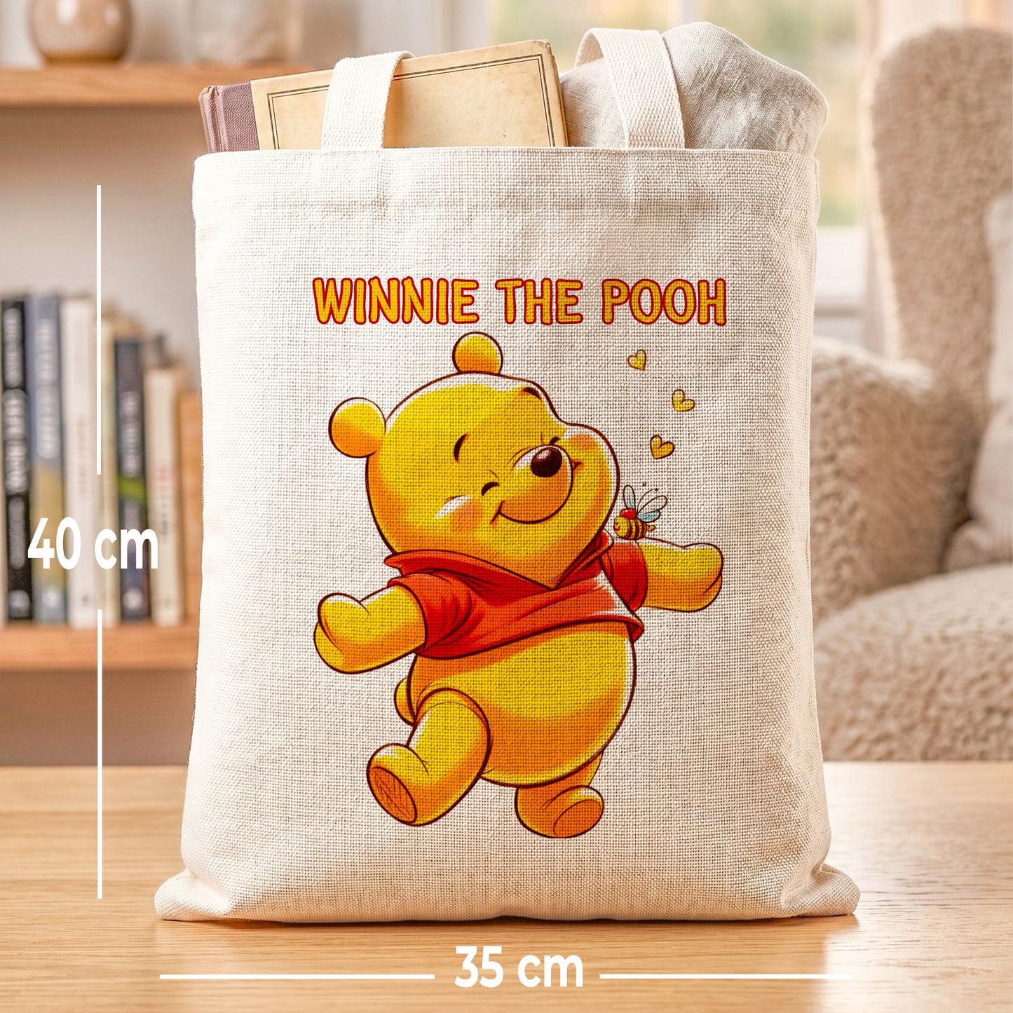 Winnie the Pooh Bear Linen Tote Bag - Custom Name (35x45cm) | Eco-Friendly Lightweight Shopping & Everyday Carrier