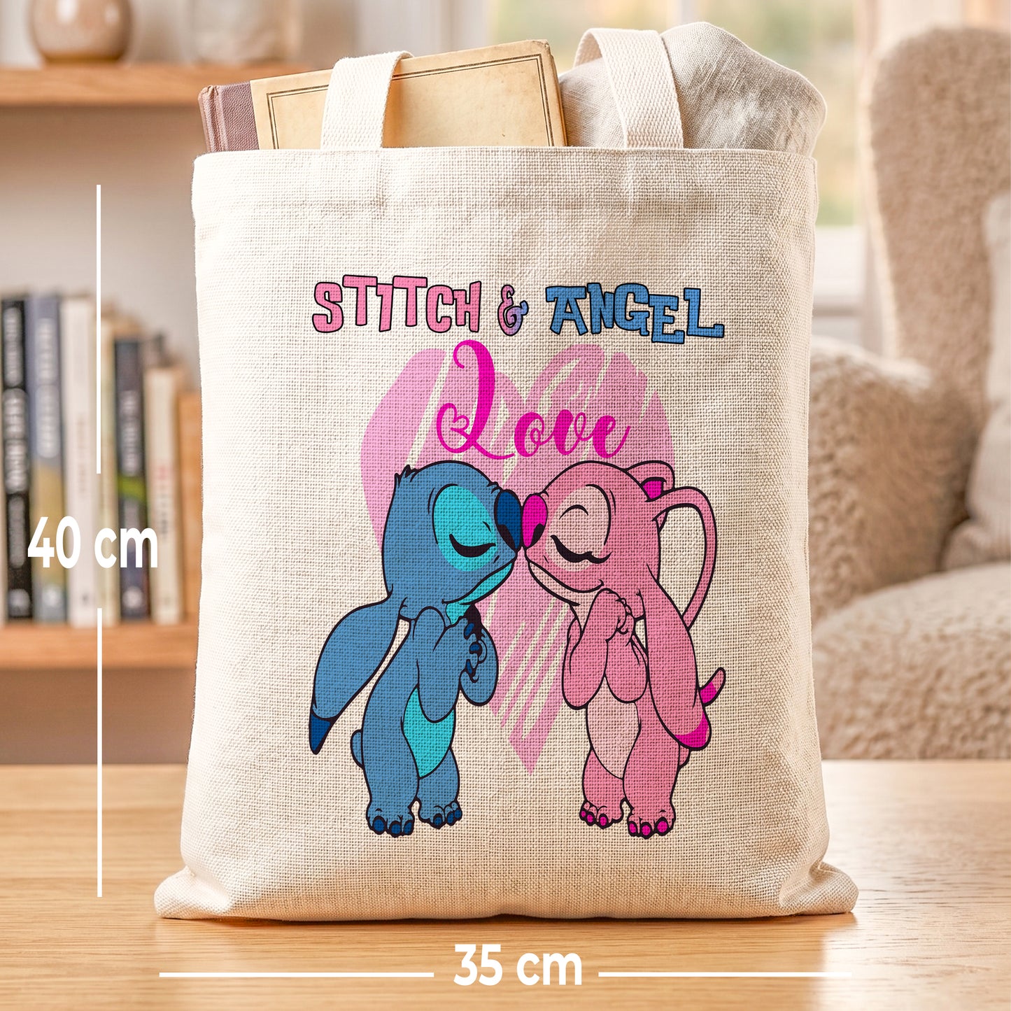 Stitch & Angel Love Linen Tote Bag - Custom Name (35x45cm) | Eco-Friendly Lightweight Shopping & Everyday Carrier