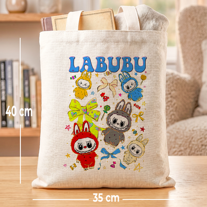 Labubu Blue Bows Linen Tote Bag - Custom Name (35x45cm) | Eco-Friendly Lightweight Shopping & Everyday Carrier