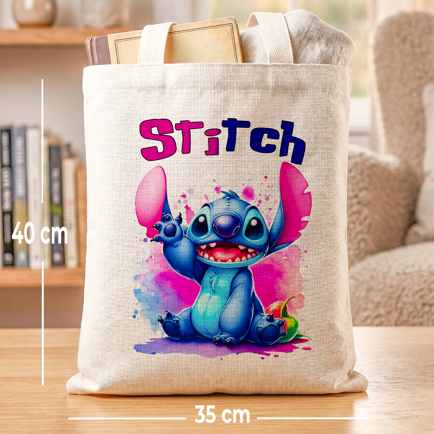 Stitch Waving Personalized Linen Tote Bag - Custom Name (35x45cm) | Eco-Friendly Friendly Hello Shopper & everyday Carrier