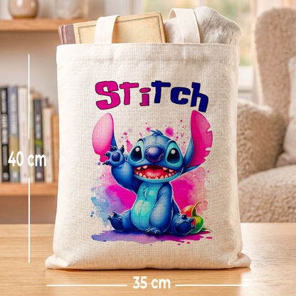 Stitch Waving Personalized Linen Tote Bag - Custom Name (35x45cm) | Eco-Friendly Friendly Hello Shopper & everyday Carrier