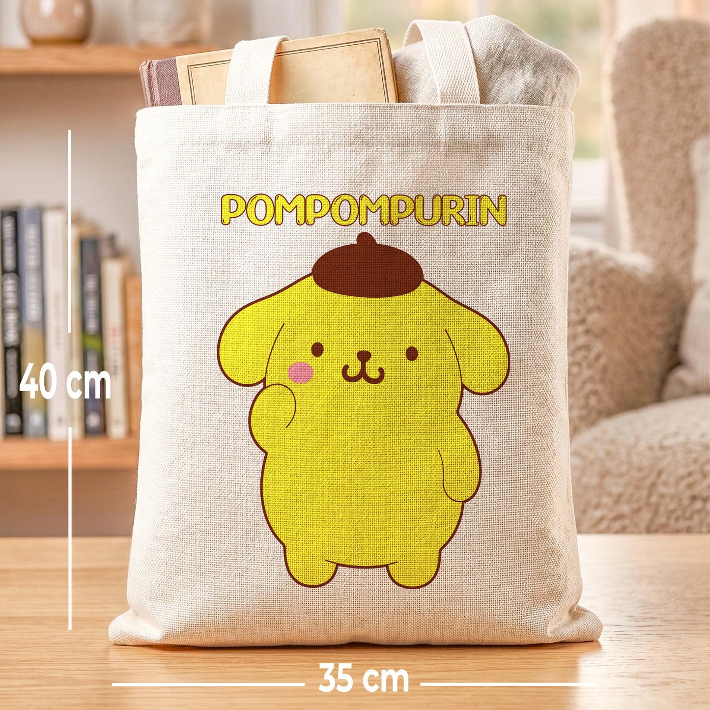 Pompompurin Sanrio Linen Tote Bag - Custom Name (35x45cm) | Eco-Friendly Lightweight Shopping & Everyday Carrier