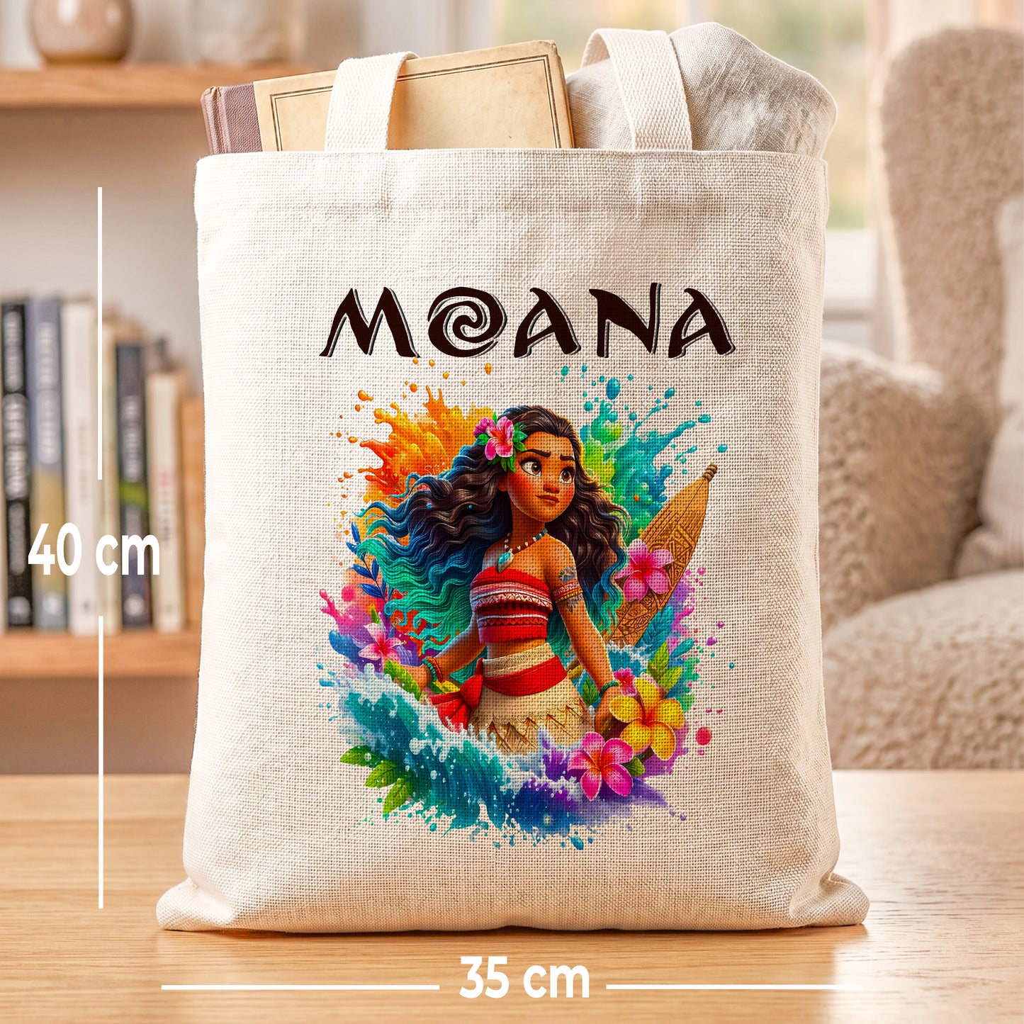 Moana Tropical Linen Tote Bag - Custom Name (35x45cm) | Eco-Friendly Lightweight Shopping & Everyday Carrier