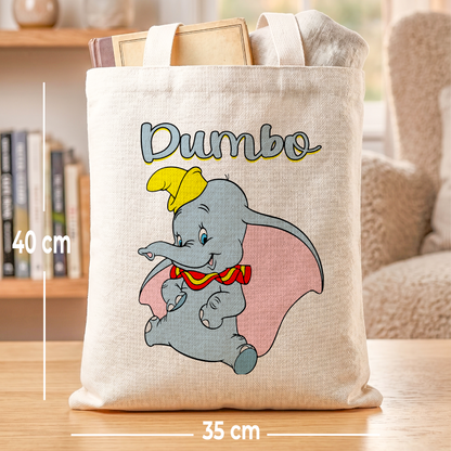 Dumbo Flying Elephant Linen Tote Bag - Custom Name (35x45cm) | Eco-Friendly Lightweight Shopping & Everyday Carrier