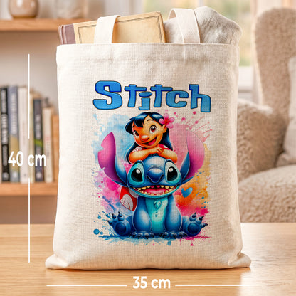 Stitch and Lilo Hug Personalized Linen Tote Bag - Custom Name (35x45cm) | Eco-Friendly Best Friends Shopper & Everyday Carrier