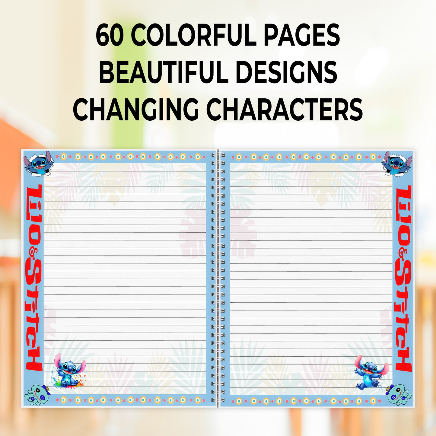 Stitch Splash Whimsy Spiral Notebook  - Custom Name | A5 | 60 Pages (30 Sheets) | Cute & Colorful Design