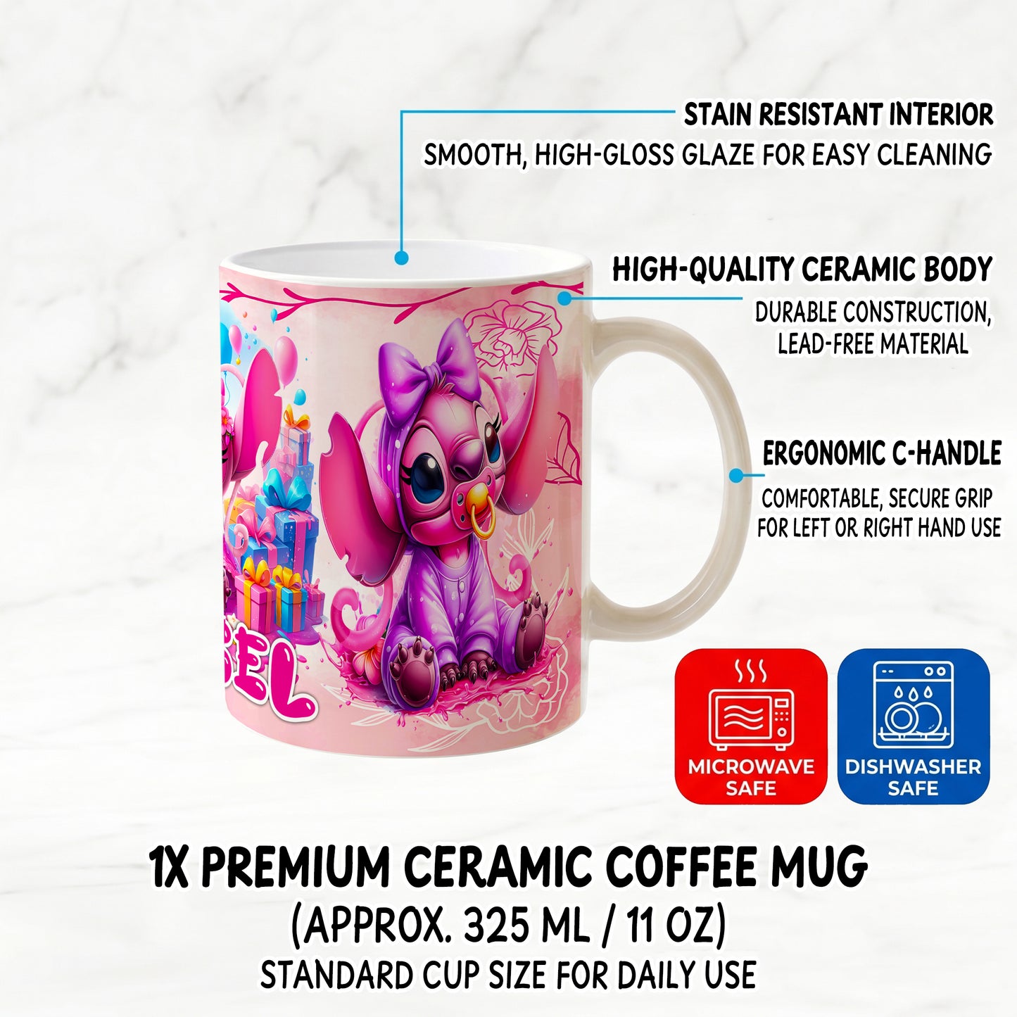 Angel Happy Birthday Premium Ceramic Mug - Custom Name (11oz) | Microwave & Dishwasher Safe Coffee Cup