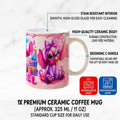Angel Happy Birthday Premium Ceramic Mug - Custom Name (11oz) | Microwave & Dishwasher Safe Coffee Cup