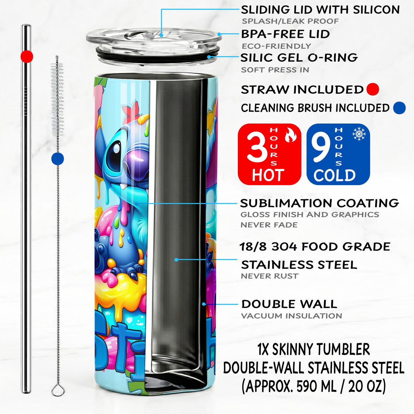 Stitch Rainbow Drip Skinny Tumbler - Custom Name (20oz) | Insulated Stainless Steel Travel Cup