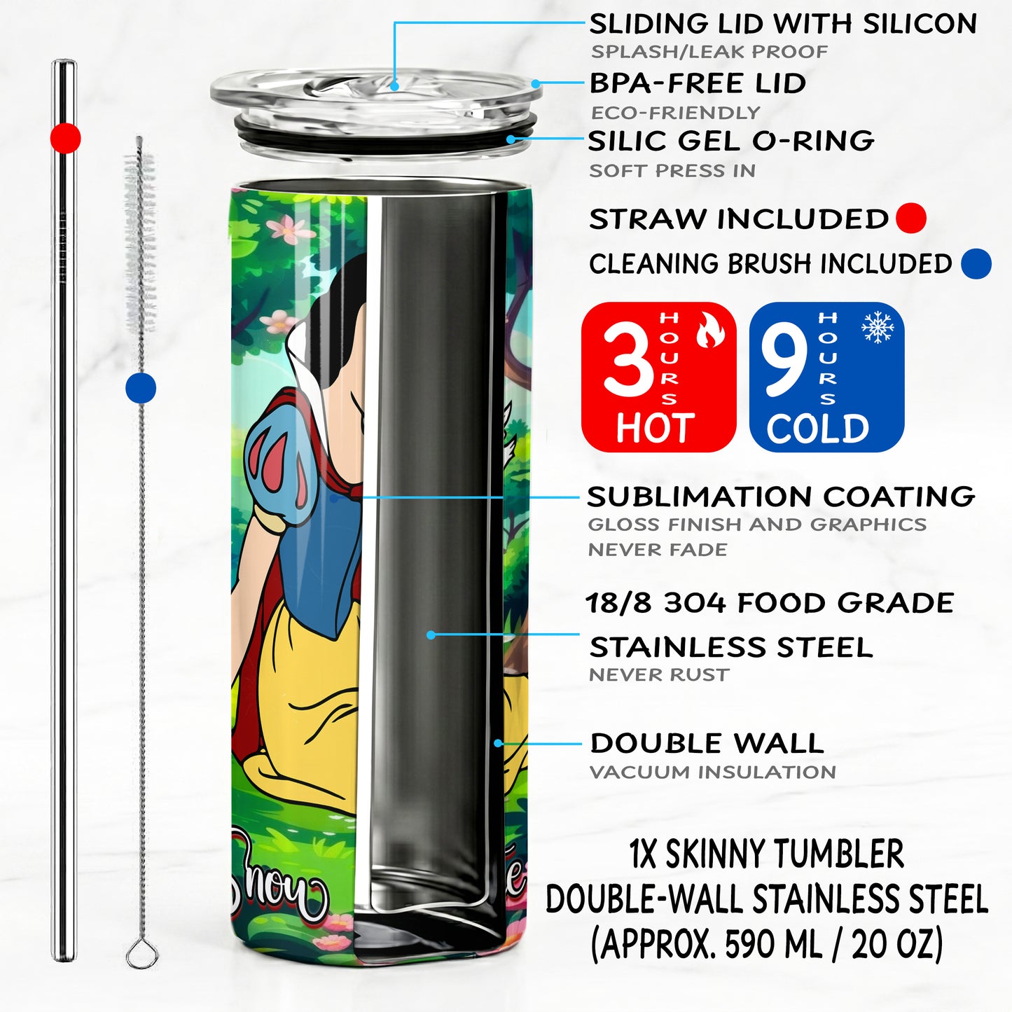 Princess Snow White Forest Skinny Tumbler - Custom Name (20oz) | Insulated Stainless Steel Travel Cup