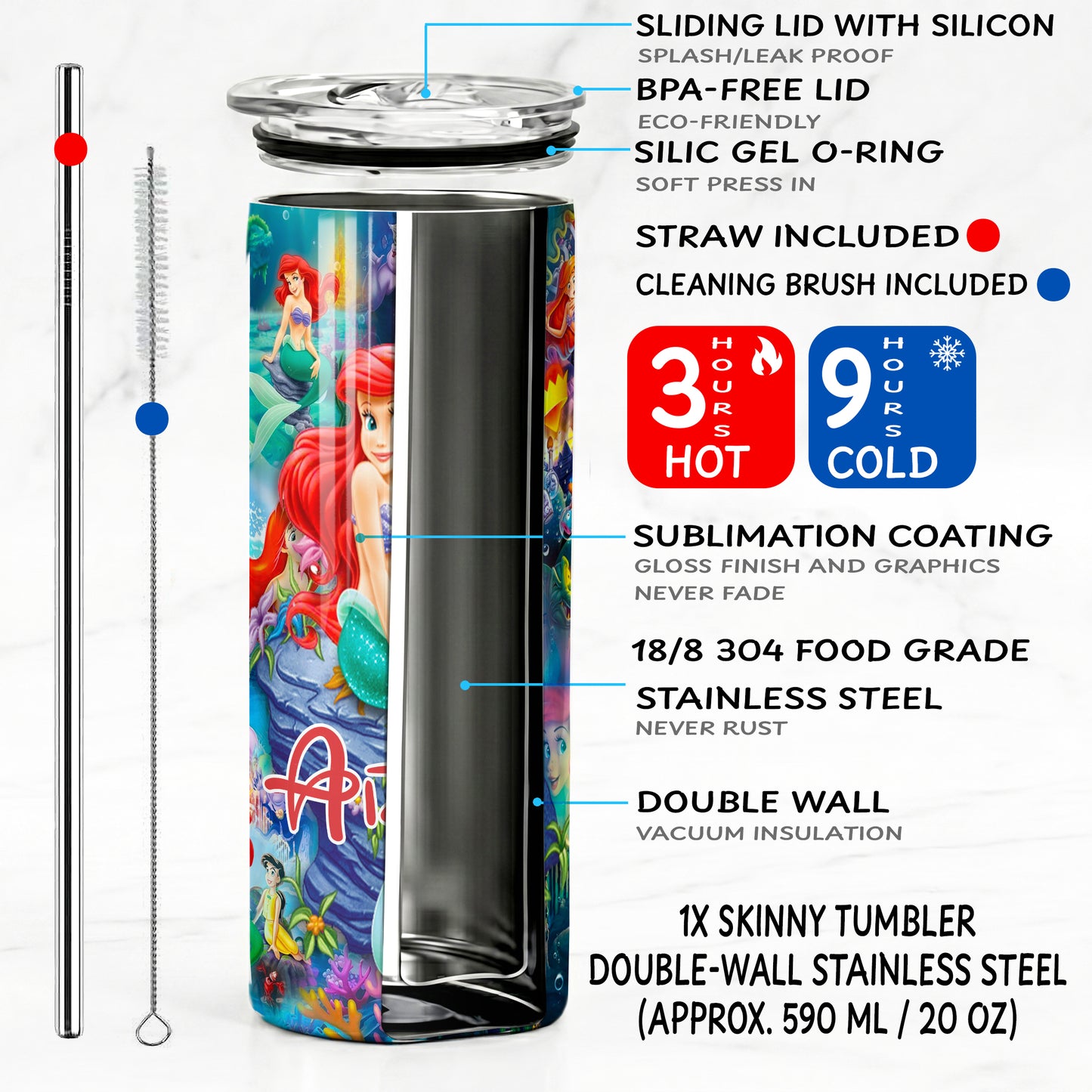 Ariel The Little Mermaid Collage Skinny Tumbler - Custom Name (20oz) | Insulated Stainless Steel Travel Cup
